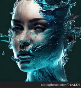 Abstract art in beautiful face woman in underwater seascape concept. Concept of closeup makeup face in swirl water design. Finest generative AI.. Abstract art in beautiful face woman in underwater seascape concept.