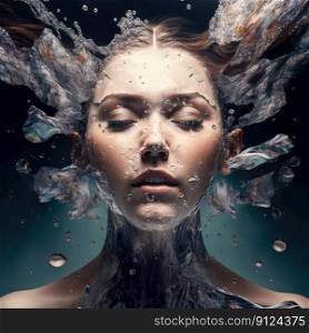 Abstract art in beautiful face woman in underwater seascape concept. Concept of closeup makeup face in swirl water design. Finest generative AI.. Abstract art in beautiful face woman in underwater seascape concept.