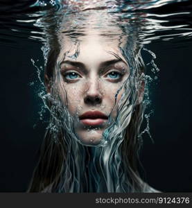 Abstract art in beautiful face woman in underwater seascape concept. Concept of closeup makeup face in swirl water design. Finest generative AI.. Abstract art in beautiful face woman in underwater seascape concept.