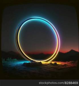 Abstract art in landscape view in neon spotlight circle frame. Concept of glowing geometric shape at night time. Finest generative AI.. Abstract art in landscape view in neon spotlight circle frame.