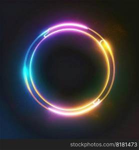 Abstract art in neon spotlight circle frame isolated black background. Concept of glowing geometric shape at night time. Finest generative AI.. Abstract art in neon spotlight circle frame isolated black background.