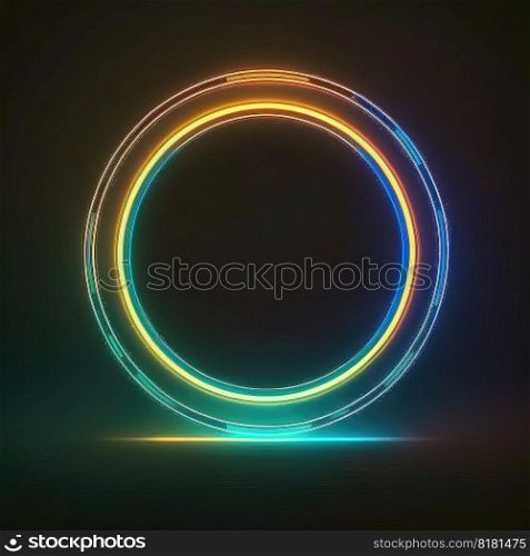 Abstract art in neon spotlight circle frame isolated black background. Concept of glowing geometric shape at night time. Finest generative AI.. Abstract art in neon spotlight circle frame isolated black background.