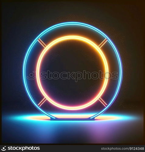 Abstract art in neon spotlight circle frame isolated black background. Concept of glowing geometric shape at night time. Finest generative AI.. Abstract art in neon spotlight circle frame isolated black background.