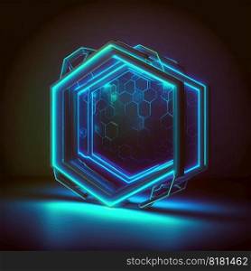 Abstract art in neon spotlight in hexagon frame isolated on black background. Concept of glowing geometric shape at night time. Finest generative AI.. Abstract art in neon spotlight in hexagon frame isolated on black background.