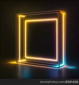 Abstract art in neon spotlight in square frame isolated on black background. Concept of glowing geometric shape at night time. Finest generative AI.. Abstract art in neon spotlight in square frame isolated on black background.