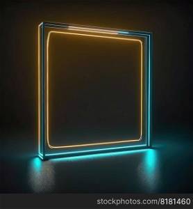 Abstract art in neon spotlight in square frame isolated on black background. Concept of glowing geometric shape at night time. Finest generative AI.. Abstract art in neon spotlight in square frame isolated on black background.