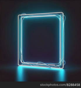 Abstract art in neon spotlight in square frame isolated on black background. Concept of glowing geometric shape at night time. Finest generative AI.. Abstract art in neon spotlight in square frame isolated on black background.