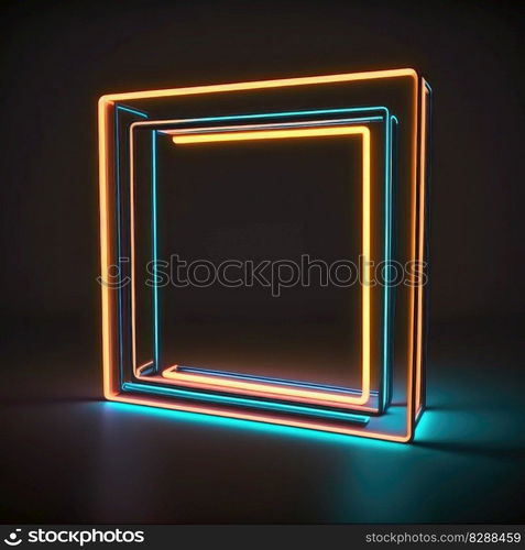 Abstract art in neon spotlight in square frame isolated on black background. Concept of glowing geometric shape at night time. Finest generative AI.. Abstract art in neon spotlight in square frame isolated on black background.