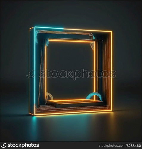 Abstract art in neon spotlight in square frame isolated on black background. Concept of glowing geometric shape at night time. Finest generative AI.. Abstract art in neon spotlight in square frame isolated on black background.