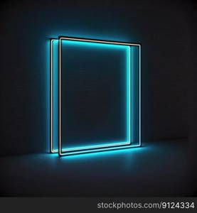 Abstract art in neon spotlight in square frame isolated on black background. Concept of glowing geometric shape at night time. Finest generative AI.. Abstract art in neon spotlight in square frame isolated on black background.