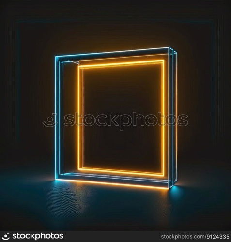 Abstract art in neon spotlight in square frame isolated on black background. Concept of glowing geometric shape at night time. Finest generative AI.. Abstract art in neon spotlight in square frame isolated on black background.