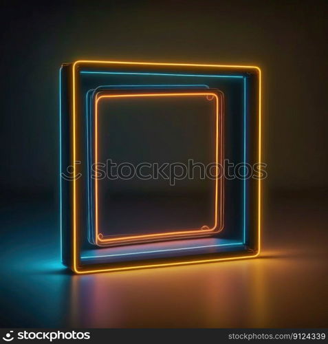 Abstract art in neon spotlight in square frame isolated on black background. Concept of glowing geometric shape at night time. Finest generative AI.. Abstract art in neon spotlight in square frame isolated on black background.