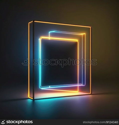 Abstract art in neon spotlight in square frame isolated on black background. Concept of glowing geometric shape at night time. Finest generative AI.. Abstract art in neon spotlight in square frame isolated on black background.