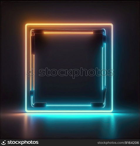 Abstract art in neon spotlight in square frame isolated on black background. Concept of glowing geometric shape at night time. Finest generative AI.. Abstract art in neon spotlight in square frame isolated on black background.