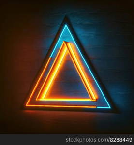 Abstract art in neon spotlight in triangle frame isolated on black background. Concept of glowing geometric shape at night time. Finest generative AI.. Abstract art in neon spotlight in triangle frame isolated on black background.