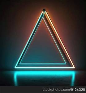 Abstract art in neon spotlight in triangle frame isolated on black background. Concept of glowing geometric shape at night time. Finest generative AI.. Abstract art in neon spotlight in triangle frame isolated on black background.