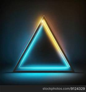 Abstract art in neon spotlight in triangle frame isolated on black background. Concept of glowing geometric shape at night time. Finest generative AI.. Abstract art in neon spotlight in triangle frame isolated on black background.