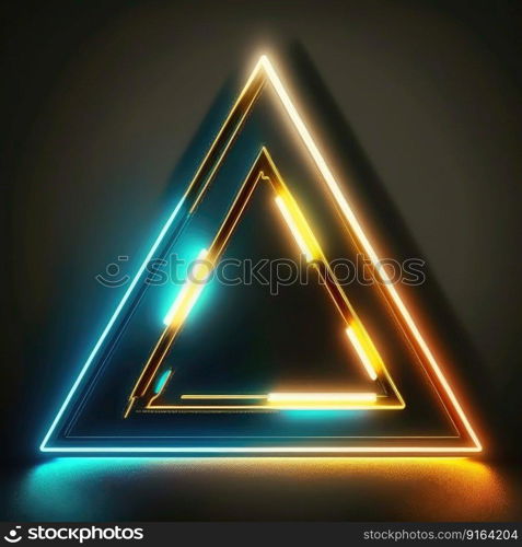 Abstract art in neon spotlight in triangle frame isolated on black background. Concept of glowing geometric shape at night time. Finest generative AI.. Abstract art in neon spotlight in triangle frame isolated on black background.