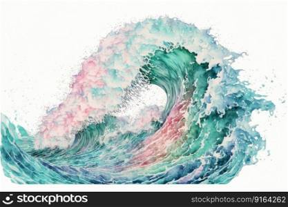 Abstract art in pastel watercolor waves ocean isolated on white background. Concept of multicolored in blue storm in seascape. Finest generative AI.. Abstract art in pastel watercolor waves ocean isolated on white background.