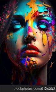 Abstract art in portrait colorful double exposure makeup. Inspiration of staggering multicolor splashing technique design. Finest generative AI.. Abstract art in portrait colorful double exposure makeup.