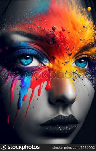 Abstract art in portrait colorful double exposure makeup. Inspiration of staggering multicolor splashing technique design. Finest generative AI.. Abstract art in portrait colorful double exposure makeup.