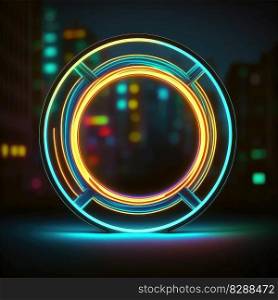 Abstract art in skyscraper view in neon spotlight circle frame. Concept of glowing geometric shape at night time. Finest generative AI.. Abstract art in skyscraper view in neon spotlight circle frame.
