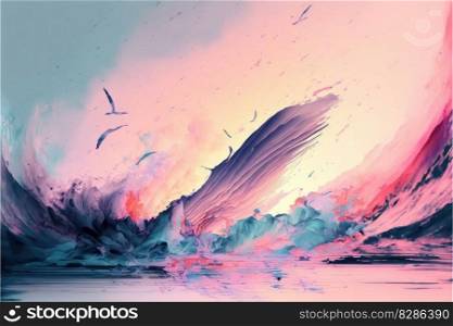 Abstract art in splashing watercolor in colorful sunset. Concept of mixed color technique design background. Finest generative AI.. Abstract art in splashing watercolor in colorful sunset.