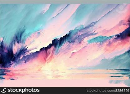 Abstract art in splashing watercolor in colorful sunset. Concept of mixed color technique design background. Finest generative AI.. Abstract art in splashing watercolor in colorful sunset.
