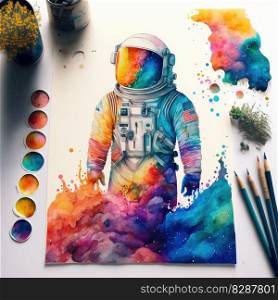 Abstract art of astronaut in spacesuit watercolor painting isolated on white background., designed by stained with multicolor shading concept. Finest generative AI.. Abstract art of astronaut in spacesuit watercolor painting isolated background.