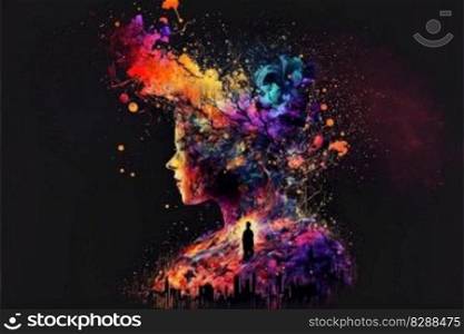 Abstract art of double exposure multicolored shading in tree and human face. Inspiration of splatter and painting colorful plant in the forest. Finest generative AI.. Abstract art of double exposure multicolored shading in tree and human face.