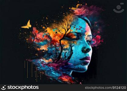Abstract art of double exposure multicolored shading in tree and human face. Inspiration of splatter and painting colorful plant in the forest. Finest generative AI.. Abstract art of double exposure multicolored shading in tree and human face.