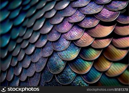 Abstract art of dragon skin in seamless iridescent fantasy scales pattern design. Closeup intricate hyper realistic beautiful animal skin. Finest generative AI.. Abstract art of dragon skin in seamless iridescent fantasy scales design.