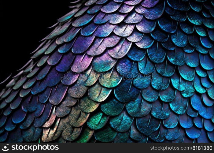 Abstract art of dragon skin in seamless iridescent fantasy scales pattern design. Closeup intricate hyper realistic beautiful animal skin. Finest generative AI.. Abstract art of dragon skin in seamless iridescent fantasy scales design.