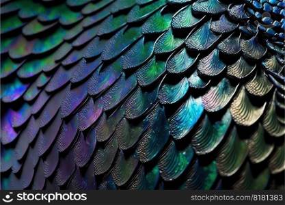Abstract art of dragon skin in seamless iridescent fantasy scales pattern design. Closeup intricate hyper realistic beautiful animal skin. Finest generative AI.. Abstract art of dragon skin in seamless iridescent fantasy scales design.
