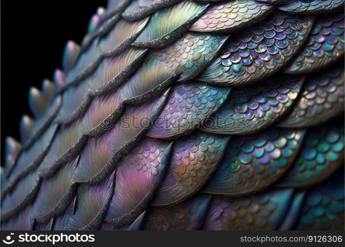 Abstract art of dragon skin in seamless iridescent fantasy scales pattern design. Closeup intricate hyper realistic beautiful animal skin. Finest generative AI.. Abstract art of dragon skin in seamless iridescent fantasy scales design.