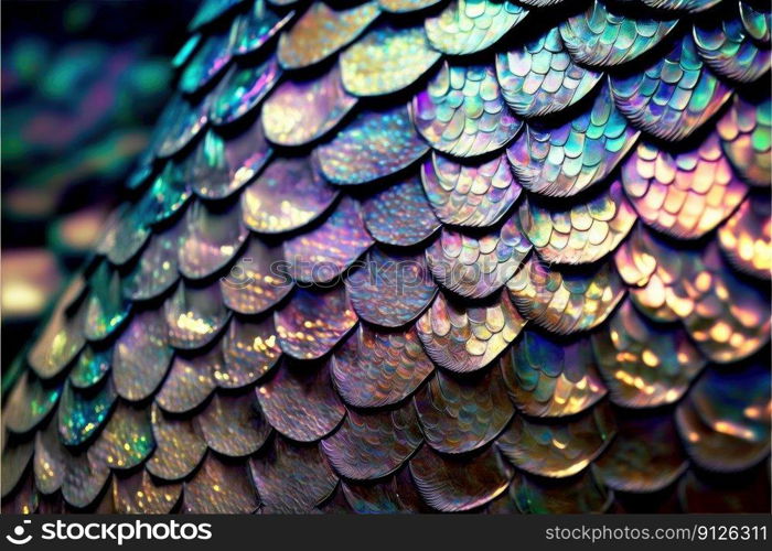 Abstract art of dragon skin in seamless iridescent fantasy scales pattern design. Closeup intricate hyper realistic beautiful animal skin. Finest generative AI.. Abstract art of dragon skin in seamless iridescent fantasy scales design.