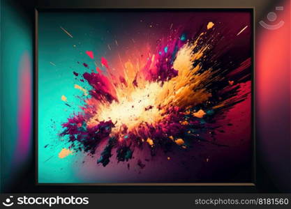 Abstract art of exploding vibrant multicolored frame. Concept of fantastic splatted colored powder. Finest generative AI.. Abstract art of exploding vibrant multicolored frame.