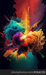 Abstract art of exploding vibrant multicolored frame. Concept of fantastic splatted colored powder. Finest generative AI.. Abstract art of exploding vibrant multicolored frame.