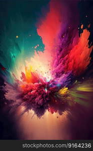 Abstract art of exploding vibrant multicolored frame. Concept of fantastic splatted colored powder. Finest generative AI.. Abstract art of exploding vibrant multicolored frame.