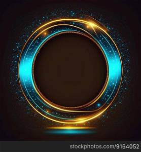 Abstract art of glowing fantasy golden and blue multi striped circle frame with vivid in chevrons game design. Created by mystical portal in round shape. Finest generative AI.. Abstract art of glowing fantasy golden and blue multi striped circle frame.