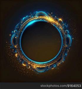 Abstract art of glowing fantasy golden and blue multi striped circle frame with vivid in chevrons game design. Created by mystical portal in round shape. Finest generative AI.. Abstract art of glowing fantasy golden and blue multi striped circle frame.