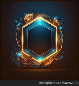 Abstract art of glowing fantasy golden and blue multi striped hexagon frame with vivid in chevrons game design. Created by mystical portal in geometric shape. Finest generative AI.. Abstract art of glowing fantasy golden and blue multi striped hexagon frame.