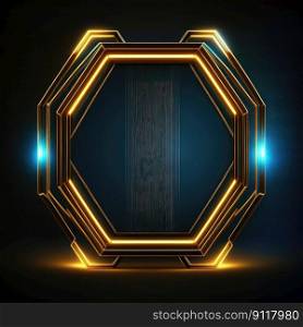 Abstract art of glowing fantasy golden and blue multi striped hexagon frame with vivid in chevrons game design. Created by mystical portal in geometric shape. Finest generative AI.. Abstract art of glowing fantasy golden and blue multi striped hexagon frame.
