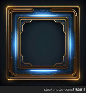 Abstract art of glowing fantasy golden and blue multi striped square frame with vivid in chevrons game design. Created by mystical portal in geometric shape. Finest generative AI.. Abstract art of glowing fantasy golden and blue multi striped square frame.