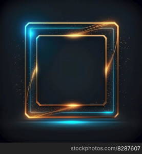 Abstract art of glowing fantasy golden and blue multi striped square frame with vivid in chevrons game design. Created by mystical portal in geometric shape. Finest generative AI.. Abstract art of glowing fantasy golden and blue multi striped square frame.