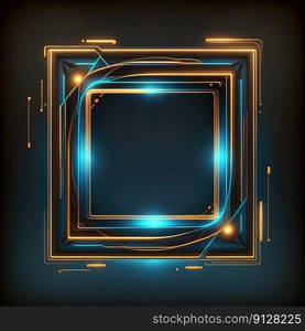 Abstract art of glowing fantasy golden and blue multi striped square frame with vivid in chevrons game design. Created by mystical portal in geometric shape. Finest generative AI.. Abstract art of glowing fantasy golden and blue multi striped square frame.