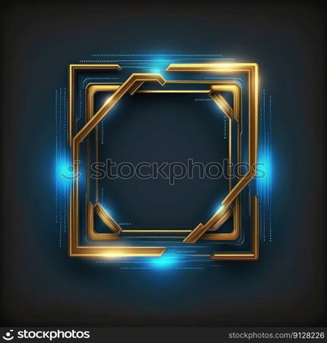 Abstract art of glowing fantasy golden and blue multi striped square frame with vivid in chevrons game design. Created by mystical portal in geometric shape. Finest generative AI.. Abstract art of glowing fantasy golden and blue multi striped square frame.