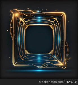 Abstract art of glowing fantasy golden and blue multi striped square frame with vivid in chevrons game design. Created by mystical portal in geometric shape. Finest generative AI.. Abstract art of glowing fantasy golden and blue multi striped square frame.