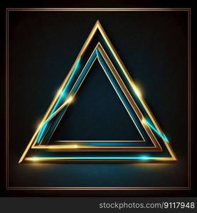 Abstract art of glowing fantasy golden and blue multi striped triangle frame with vivid in chevrons game design. Created by mystical portal in geometric shape. Finest generative AI.. Abstract art of glowing fantasy golden and blue multi striped triangle frame.