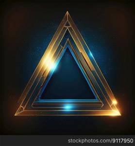 Abstract art of glowing fantasy golden and blue multi striped triangle frame with vivid in chevrons game design. Created by mystical portal in geometric shape. Finest generative AI.. Abstract art of glowing fantasy golden and blue multi striped triangle frame.